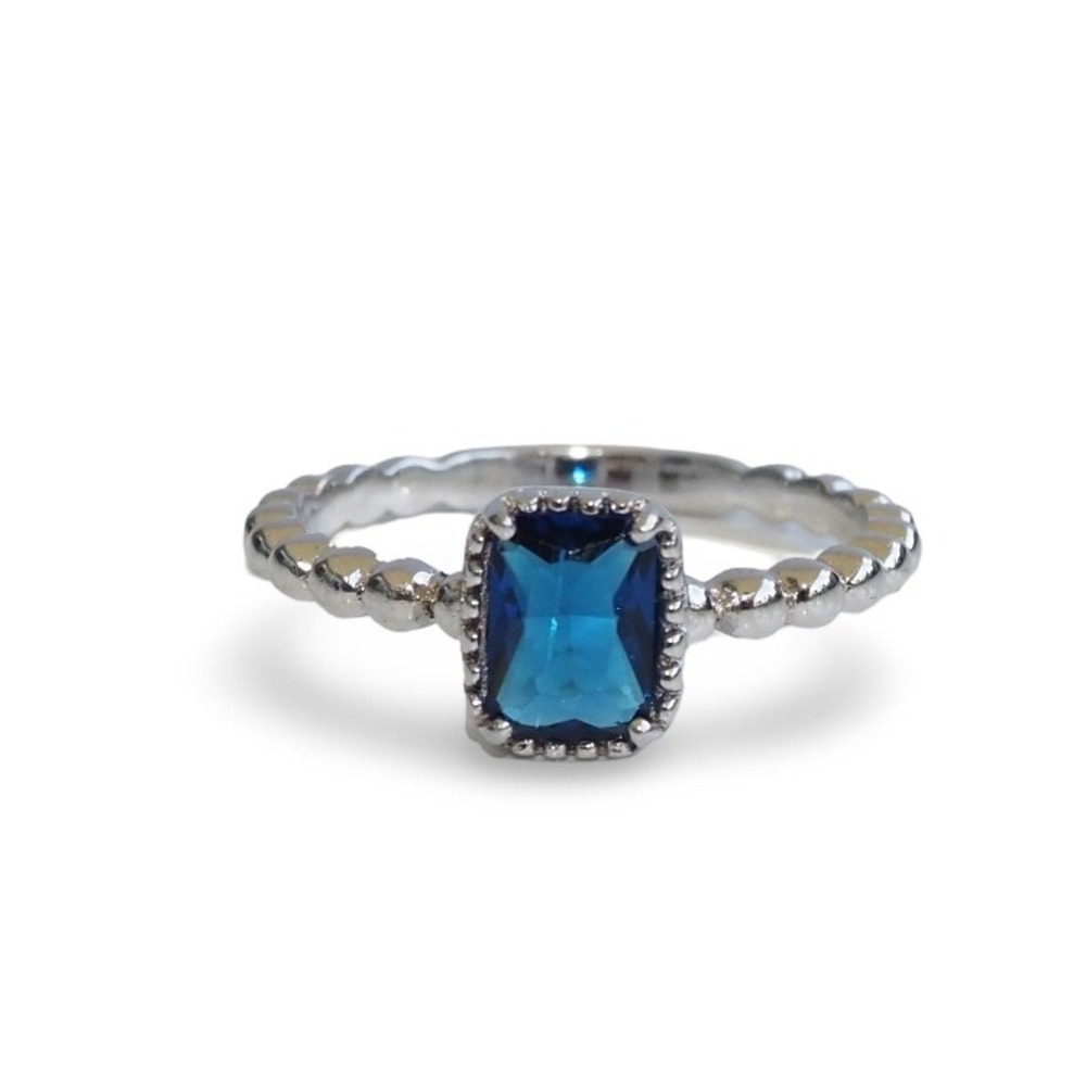 SP 925 Sterling Silver Blue Stone Ring Beaded Bubble Band Sapphire CZ Style Sz 7